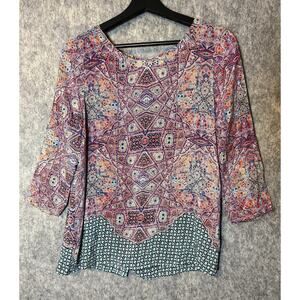 Maeve Athropologie Sydney Silk Top Womens 6 Multicolor Mosaic Print Button Back